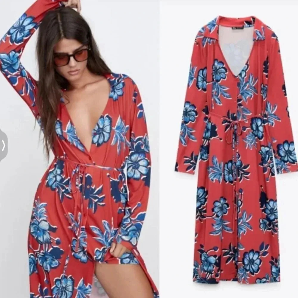 NWT Zara Midi Shirt Dress Red Blue Floral Long Sleeve Size Small - Picture 2 of 10